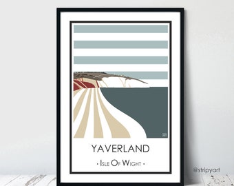 YAVERLAND Isle of Wight. Graphic travel poster. High quality print. Word posters for the home. Stripe retro designs.