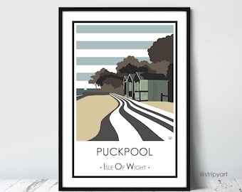 PUCKPOOL, RYDE, Isle of Wight. Graphic design travel poster. High quality print. Coastal posters for the home. Stripe retro designs.