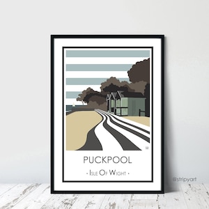 PUCKPOOL, RYDE, Isle of Wight. Graphic design travel poster or card. High quality print. Coastal posters for the home. Stripe retro designs.