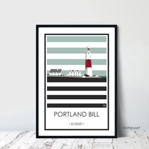 PORTLAND BILL Dorset, Graphic design travel poster. High quality lighthouse print. Travel word posters for the home. Stripe retro designs.