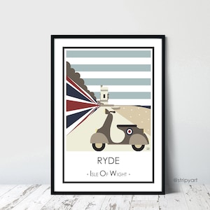 RYDE SCOOTER Isle of Wight. Graphic travel poster. High quality art print or card. Retro design by Stripy Art. Union Jack. Scooter Rally