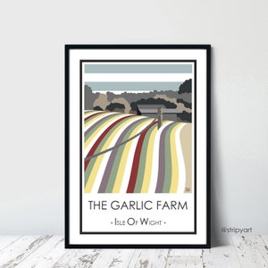 LA FERME DE L&#39;AIL. L&#39;île de Wight. Affiche de voyage graphique. Impression de haute qualité. Affiches de fleurs pour la maison. Conceptions d&#39;art de mots à rayures.
