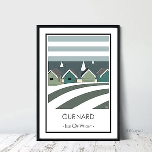 ESCARCHO. Barcos blancos. Isla de Wight. Cartel de viaje de diseño gráfico. Impresión de alta calidad. Carteles costeros para el hogar. Cabañas de playa a rayas.