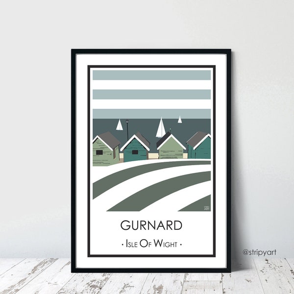 GURNARD. White boats. Isle of Wight. Graphic design travel poster. High quality print. Coastal posters for the home. Stripe beach huts.