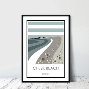 CHESIL BEACH, Weymouth, Dorset. Contemporary travel poster. High quality print. Jurassic coastal posters for the home. Stripe retro designs.