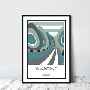 WIMBORNE. Dorset. Graphic design travel poster. High quality print. Vintage style posters for the home. Stripe retro designs. image 1