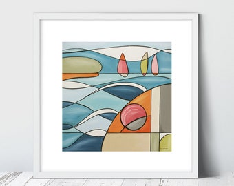 Three Boats & A Buoy,  Limited Edition Giclee Prints by Suzanne Whitmarsh. Mid Century, Isle of Wight. Semi abstract art, seascsape,harbour
