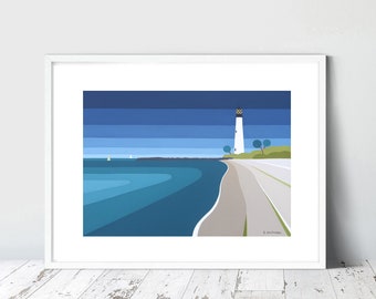 KAP LEUCHTTURM, FLORIDA. Gestreifter zeitgenössischer mutiger amerikanischer Giclée-Druck von Suzanne Withmarsh. Gestreifte Kunst, Küstenkunst Drucke.