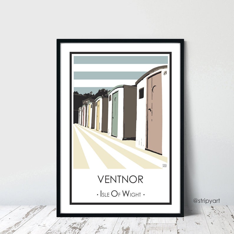 VENTNOR HUTS, Isle of Wight. Graphic design travel poster. High quality print. Coastal posters for the home. Stripe retro designs. image 1