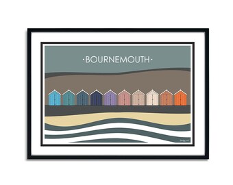 BOURNEMOUTH colourful beach huts, DORSET. Graphic travel poster. High quality print. Coastal posters for the home. Stripe retro designs.