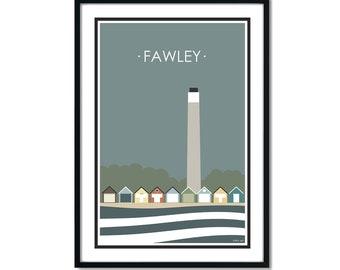 FAWLEY. Chimney, Beach huts. Graphic travel poster. High quality print. Coastal posters for the home. Stripe retro designs.