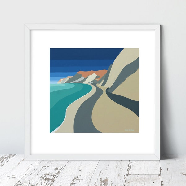 EYPE BEACH, limited edition giclee prints door Suzanne Whitmarsh. Seaside, kunstenaar uit Dorset, gestreepte kunst, strandhutten, zeegezicht, haven