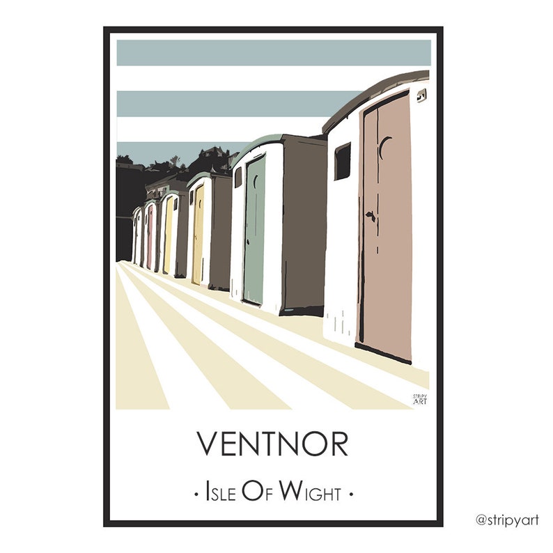 VENTNOR HUTS, Isle of Wight. Graphic design travel poster. High quality print. Coastal posters for the home. Stripe retro designs. image 2