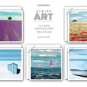 Confezione da 5. CARTE D'ARTE dell'Isola di Wight. Collezione 1. Quadrato 10 x 10 cm. Fornito con buste bianche di Suzanne Whitmarsh. Artista dell'isola.