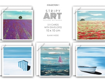 Pack of 5. Isle of Wight ART CARDS.  Collection 1. 10 x 10 cm square. Supplied with white envelopes by Suzanne Whitmarsh. Island artist.