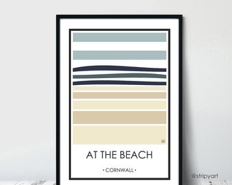 CORNWALL At The Beach. STRIPES, Graphic design travel poster by Stripy Art. High quality print. Coastal posters for the home. Stripe designs