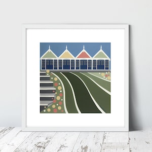 GREENHILL BEACH HUTS 2020, Limited Edition Giclee Print by Suzanne Whitmarsh. Weymouth, Seaside, Dorset art, designer, stripy art, stripes.