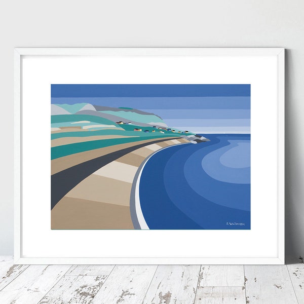 CHESIL COVE, Dorset. Strandhutten. Stripe Dorset Limited Edition Giclee print van Suzanne Whitmarsh. Gestreepte kunst, Jurassic Coast kunstafdrukken.