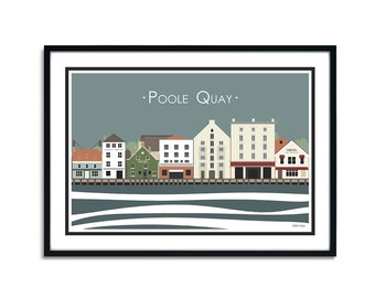 POOLE QUAY. Buildings. Dorset. Graphic design travel poster. High quality print. Vintage posters for the home. Stripe retro designs.