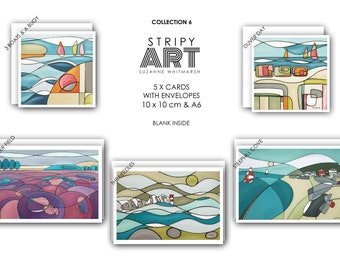 Pack of 5. Isle of Wight ART CARDS.  Collection 6. Square 10 x 10 cm & A6 Supplied with white envelopes by Suzanne Whitmarsh. Island artist.