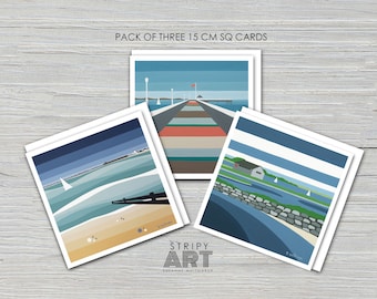 Totland Bay, Yarmouth, Newtown SPECIAL PRICE Pack of 3 x Large 15cm square cards with white envelope by Suzanne Whitmarsh. Isle of Wight art