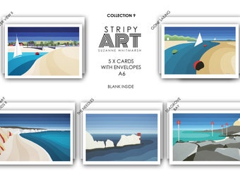 Pack of 5. Isle of Wight ART CARDS.  Collection 9. Size A6 Supplied with white envelopes by Suzanne Whitmarsh. Island artist.