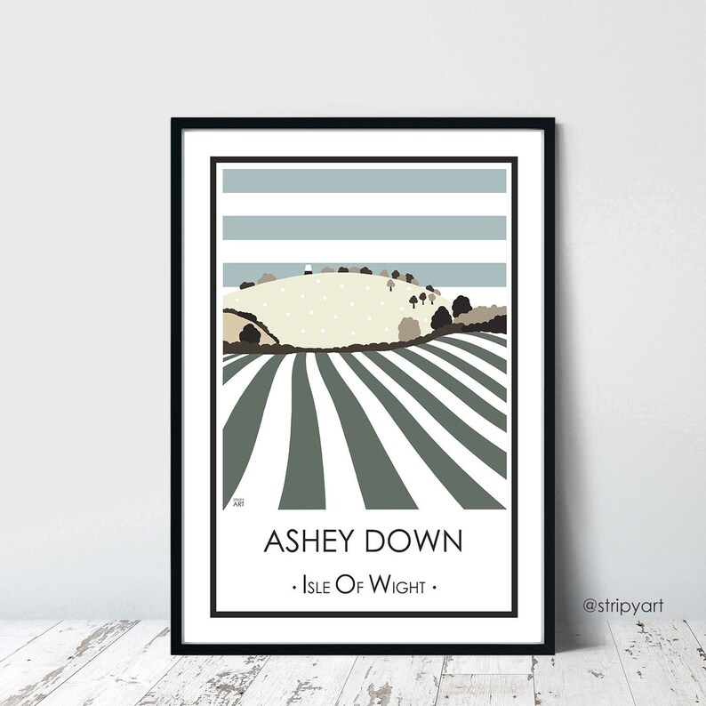 ASHEY DOWNS Isle of Wight. Teal. Graphic design travel poster. High quality print. Posters for the home. Stripe retro vintage designs. image 1