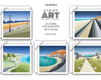 Pack of 5. Isle of Wight ART CARDS.  Collection 3. Square 10 x 10 cm. Supplied with white envelopes by Suzanne Whitmarsh. Island artist.