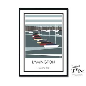 BATEAUX LYMINGTON, impression Hampshire. Affiche de voyage de haute qualité. Affiche côtière pour la maison. Motif à rayures par Suzanne Whitmarsh Type à rayures. image 2