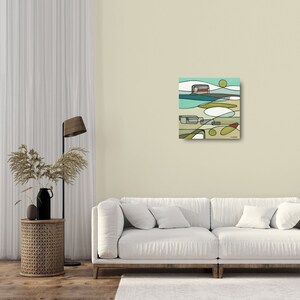 PADDLEBOARDING, LANE END. Original painting, acrylic on canvas by Suzanne Whitmarsh, Stripy Art, mid century style, lifeboat station, beach image 5