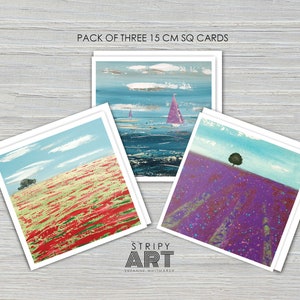 Campo de amapolas, barcos, campo de lavanda. PRECIO ESPECIAL Paquete de 3 tarjetas grandes cuadradas de 15 cm con sobre blanco de Suzanne Whitmarsh. Isla de Wight.