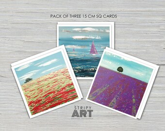 Poppy Field, Boats, Lavender Field. SPECIAL PRICE Pack of 3 x Large 15cm sq cards with white envelope by Suzanne Whitmarsh. Isle of Wight.