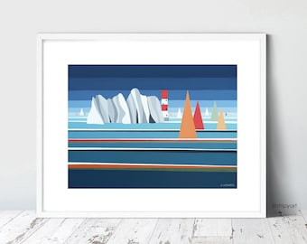 SAILING AROUND NEEDLES Limited Edition Giclee Prints by Suzanne Whitmarsh. Isle of Wight art, stripes, seascsape, sailing, boats