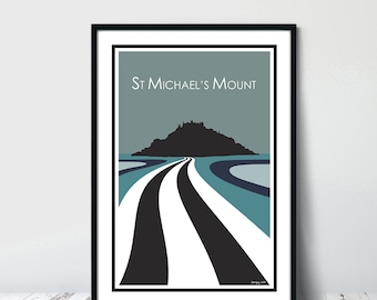 ST MICHAELS MOUNT, Cornwall. Grafikdesign Reiseposter von Stripy Art. Hochwertiger Druck. Küstenposter für zu Hause. Retro-Designs.