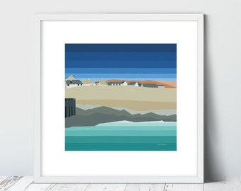 WEST BAY, impresión giclée de edición limitada de Suzanne Whitmarsh. Seaside, artista de Dorset, arte rayado,cabañas de playa, seascsape,puerto