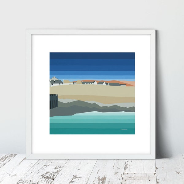 WEST BAY, Limited Edition Giclee Print door Suzanne Whitmarsh. Seaside, kunstenaar uit Dorset, gestreepte kunst, strandhutten, zeegezicht, haven