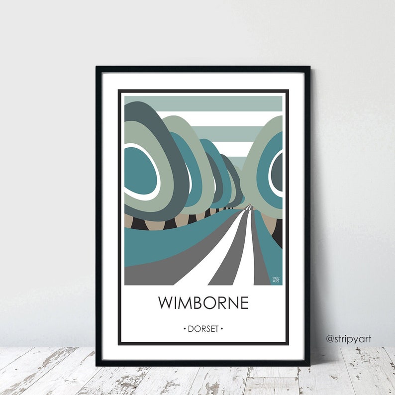 WIMBORNE. Dorset. Graphic design travel poster. High quality print. Vintage style posters for the home. Stripe retro designs. image 1