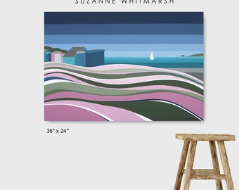 SEATHRIFT AT DUVER Original Acrylbild auf Leinwand von Suzanne Whimarsh Stripy Art. Streifen lila Isle of Wight Kunstwerk.