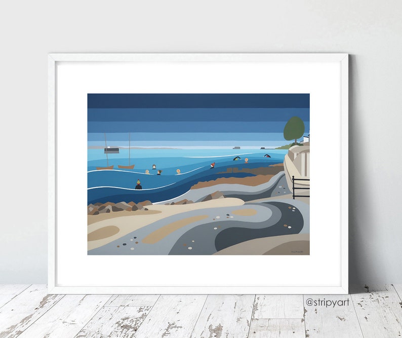 SEAVIEW SWIMMERS. Isle of Wight. Limited Edition Giclee Print by Suzanne Whitmarsh, sea swimming, stripes, vibrant, abstract art prints. image 1