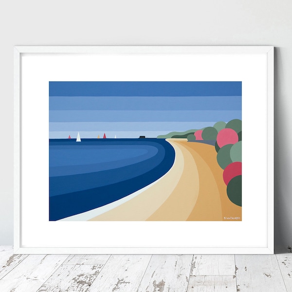 PRIORY BAY I.O.W. Oranje zand. Limited Edition Giclee-prints van Suzanne Whitmarsh. Strand, gestreept kunst, strepen, nautisch, kunstafdrukken.