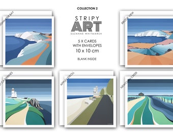 Pack of 5. Isle of Wight ART CARDS.  Collection 2. Square 10 x 10 cm. Supplied with white envelopes by Suzanne Whitmarsh. Island artist.