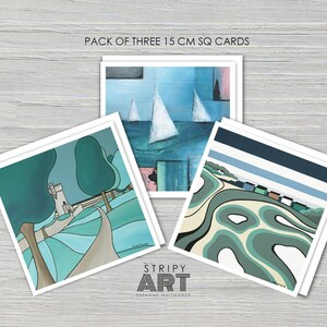Appley, Barcos Blancos, Duver. PRECIO ESPECIAL Paquete de 3 tarjetas artísticas grandes de 15 cm con sobre blanco de Suzanne Whitmarsh. Isla de Wight.