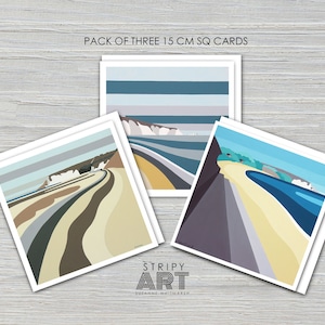 Forelands, Alum Bay, Forelands SONDERPREIS Packung mit 3 großen 15cm sq Kunstkarten mit weißem Umschlag von Suzanne Whitmarsh. Insel Wight.