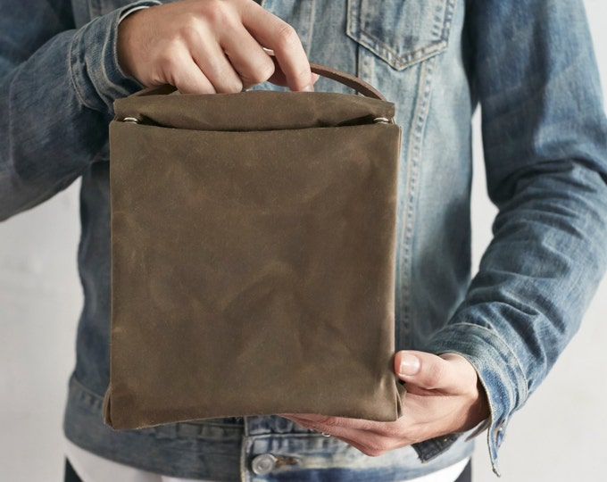 Waxed Cotton Lunch Bag With Leather Handle Etsy