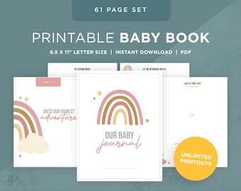 Printable Baby Book Pages / Keepsake Journal for Baby’s First Year – Year Five / Instant Download / Newborn milestone book / Pink rainbow