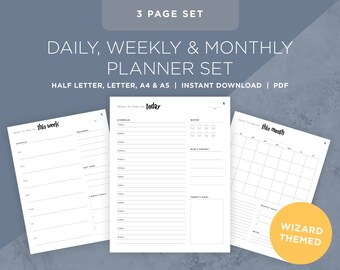 Wizard themed Printable, Blank Daily, Weekly and Monthly Calendar Set to Download | Minimalist | Clean template | Ready to take on the day