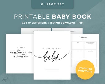 Diario del bebé imprimible / Printable Baby Book in Spanish Download / español / Simple clean script themed - Instant download 61 page book!