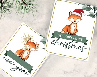 Personalized Woodland Animal Baby Holiday milestone Card Set / Customizable name / Instant Download / Printable