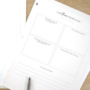 May include: A printable worksheet for a three-year-old's birthday. The worksheet has prompts for the child to answer about their favourite things, including their favourite food, game, and thing that makes them laugh.