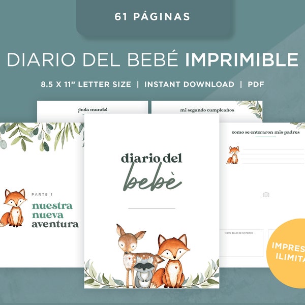 Diario del bebe imprimible / Printable Baby Book in Spanish Download / espanol / Simple clean script themed - Animales